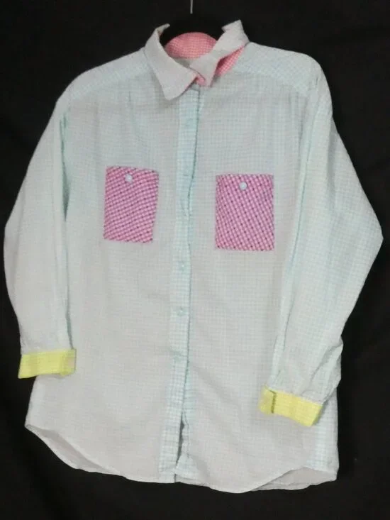 Handmade Pastel Colorblock Gingham Button-Down Shirt - P2P 21" - Picture 1 of 16